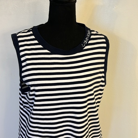 Vintage Calvin Klein Cotton Horizontal Striped Navy and White Dress, Sz. XL. - Picture 3 of 15